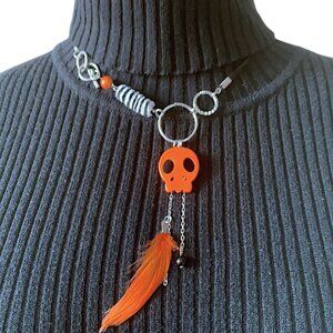 3x35$ 🐿 🍁 Handmade - Skull short necklace ruban beads feather - Orange black